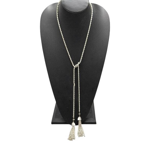 Twist Rope Chain Tassel Lariat Necklace Silver Tone Chic Elegant Minimalist - Picture 1 of 7